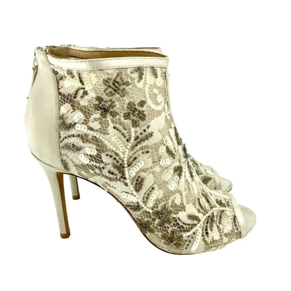Badgley Mischka Moyra Booties Peep toe Beaded Sequin Beige Ankle SZ 7.5